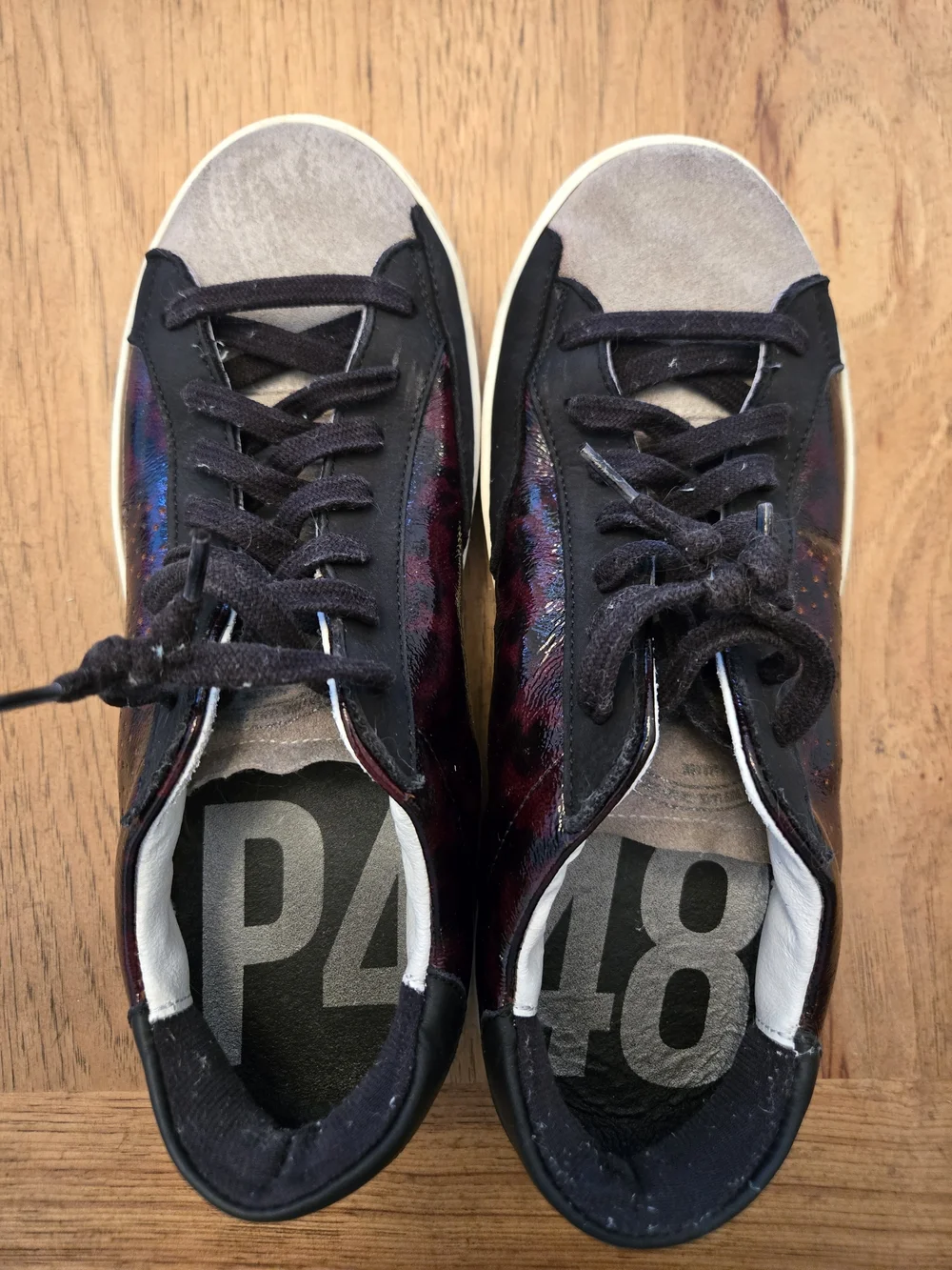 P448 Women’s Low-Top Lace-Up Sneakers in Black and Iridescent Burgundy